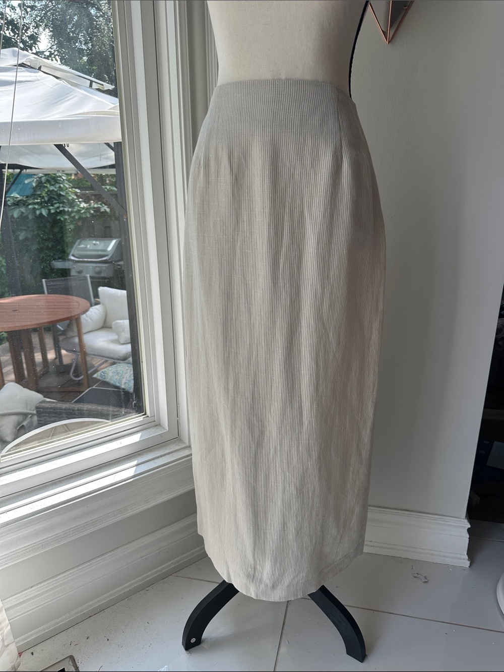 VINTAGE 90s LINEN Classic Cream White Tan Beige Striped Midi Pencil Skirt Medium